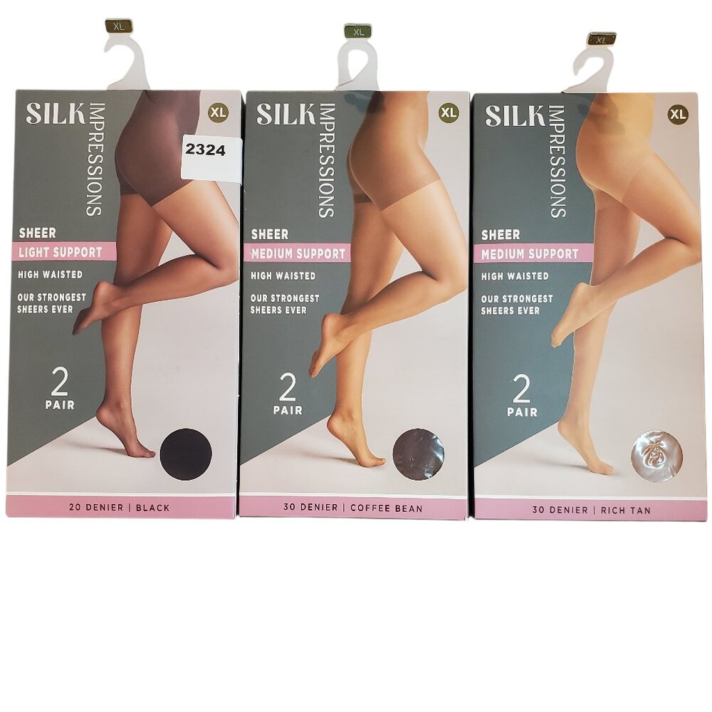 NEW 3 Packs of 2 Pair SZ XL Silk Impressions Sheer Support Pantyhose